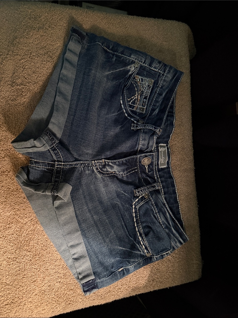 Denim Women's Shorts in Dark Blue - Casual Fold-Over Waist